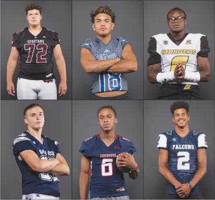  ?? PHOTOS BY CHRISTOPHE­R DEVARGAS ?? Look for these six high school football players to have breakout years this season (clockwise from top left): Mike Overland, Cimarron Memorial; Kalyja Waialae, Green Valley; Isaiah Bigby, Clark; Jordan Blakely, Foothill; Semaj Bolin, Coronado; and Kody Presser, Shadow Ridge.