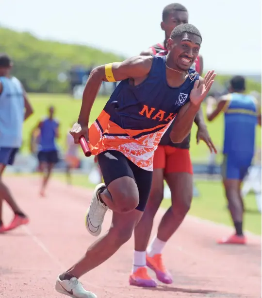  ?? Photo: ?? Nakasi High School senior boys 4x100m relay runner Ilaitia Matadradra during the Triple N Zone at the HFC Bank Stadium, Suva, on April 6, 2023.