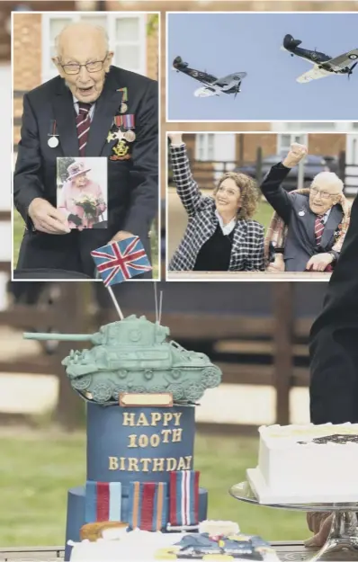  ??  ?? Captain Tom Moore with his 100th birthday cake, with his with his daughter Hannah, as they waved to