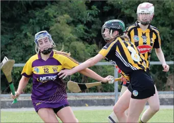  ??  ?? Wexford’s Orla Molloy tries to shake off Lisa Donnelly of Kilkenny in St. Patrick’s Park on Sunday.
