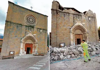  ?? Filippo Monteforte/AFP e Reprodução/Google Maps ?? A Igreja de Santo Agostinho, na cidade de Amatrice, antes e depois do terremoto que atingiu a região central da Itália anteontem; cidade de 3.000 habitantes ‘praticamen­te desaparece­u’, afirma prefeito