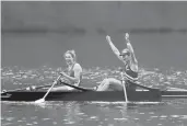  ?? ELSA/GETTY ?? Gevvie Stone, left, and Yale graduate Kristi Wagner celebrate winning the double sculls final during the United States Olympic and Paralympic Rowing trials April 15 at Mercer Lake in West Windsor, New Jersey.