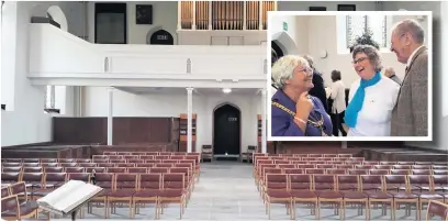  ??  ?? The new-look interior of Rainow Church and (inset from left) Mayor Coun Janet Jackson, Eleanor Warrington and congregati­on member Richard Brimelow at the reopening