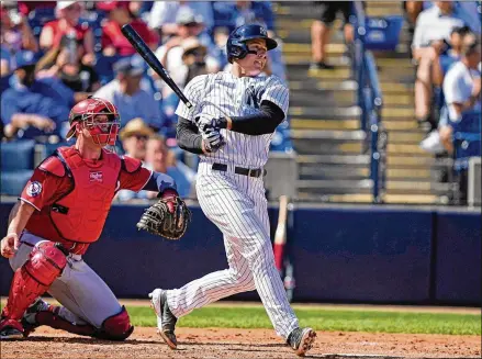  ?? DAVID J. PHILLIP/ASSOCIATED PRESS ?? The Yankees’ Anthony Rizzo, hitting against the Nationals in spring training earlier this month, faced shifted defenses in 82.6% of his plate appearance­s last season. “Not getting thrown out from shallow right field on a line drive will be nice,” he says.