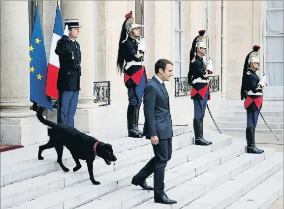  ?? THIBAULT CAMUS / AP ?? Emmanuel Macron recibió ayer en el Elíseo a sus invitados con su nueva mascota, un labrador llamado Nemo