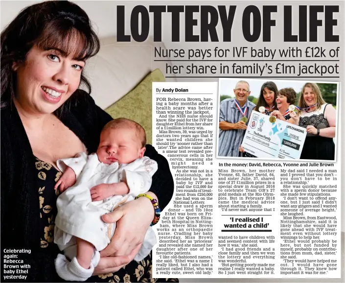  ??  ?? Celebratin­g again: Rebecca Brown with baby Ethel yesterday
In the money: David, Rebecca, Yvonne and Julie Brown