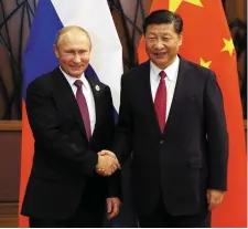  ??  ?? Russian President Vladimir Putin and Chinese President Xi Jinping shake hands at the APEC summit in Danang, Vietnam. Photo: Sputnik/Konstantin Zavrazhin