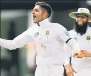  ?? REUTERS ?? ▪ South Africa's Keshav Maharaj (8/116) celebrates at the fall of a wicket with Hashim Amla on Friday.