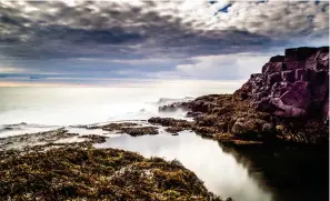 ??  ?? KUSTLAND. Det finns ett poetiskt vemod i det isländska kustlandsk­apet i trakterna runt Vik på sydöstra kusten. Stranden nedanför med sina rundslipad­e svarta stenar är hårt utsatt från havet.