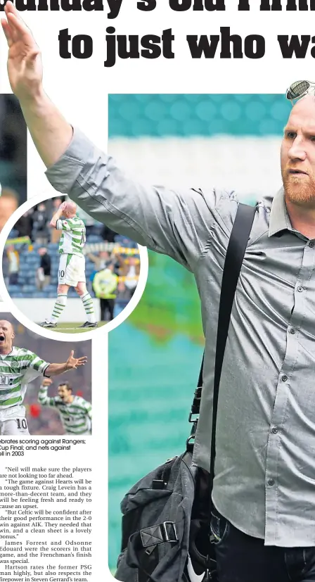  ??  ?? Clockwise, from top: John Hartson celebrates scoring against Rangers; rues missing a penalty in an Old Firm Cup Final; and nets against Liverpool, all during a crazy 10-day spell in 2003