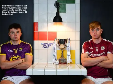  ??  ?? Rory O’Connor of Wexford and Galway’s Jack Canning at last week’s media event to publicise the Leinster Under-21 hurling final.