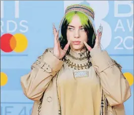  ?? VICKIE FLORES / EFE ?? Éxito. Billie Eilish, en los Brit Awards 2020, el 18 de febrero del 2020 en Londres. La cantante lidera la lista de las canciones más exitosas del 2019