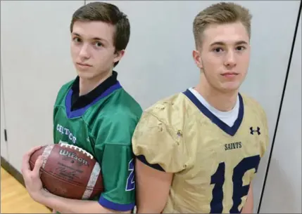  ?? IAN STEWART, SPECIAL TO THE RECORD ?? Colin Conant of St. David, left, and Andrew Horscroft of St. Benedict have been named co-MVPs of the District 8 senior boys’ football league.