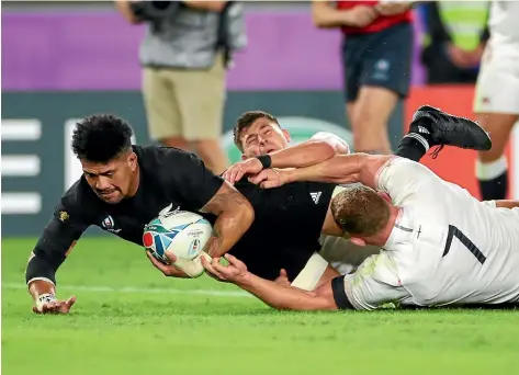  ??  ?? Try time: Ardie Savea crosses for the All Blacks in the World Cup semifinal against England.