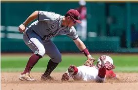  ?? AP Photo/John Peterson ?? Texas A&M second baseman Ryan Targac, left, tags out Oklahoma's John Spikerman (8) on a steal atempt in the third inning during an NCAA College World Series baseball game Wednesday in Omaha, Neb.