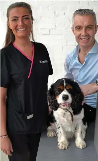  ??  ?? Caring: Deputy head nurse Kim Disney and vet Michael Hamilton with Marley the dog