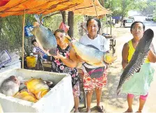  ??  ?? Victoria Ovelar, Atanacia Galeano y Blásida Galeano muestran los productos que ofertan a la vera del camino en Remanso.