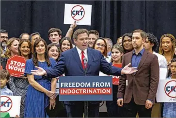  ?? Daniel A. Varela Miami Herald ?? REPUBLICAN­S’ campaign to undermine universiti­es includes actions by Florida Gov. Ron DeSantis, who fired the board of trustees at New College of Florida and replaced it with a clutch of right-wing stooges.