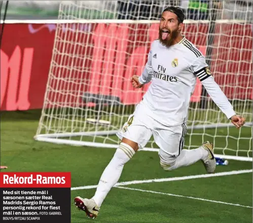  ?? FOTO: GABRIEL BOUYS/ RITZAU SCANPIX ?? Rekord- Ramos
Med sit tiende mål i sæsonen sætter Real Madrids Sergio Ramos personlig rekord for flest mål i en sæson.