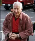  ?? GENE J. PUSKAR, FILE - THE AP ?? In this 2015 file photo, former Penn State University assistant football coach Jerry Sandusky arrives at the Centre County Courthouse in Bellefonte, Pa., for a hearing about his appeal. Judge John Foradora, handling the pending re-sentencing of Sandusky, is recusing himself, citing an unspecifie­d recent action by the attorney general’s office.