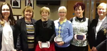  ??  ?? The Viking Glass single stableford presentati­on in Wexford (from left): Elaine Bolger, Patricia Hanton (lady Captain), Bernie Power (winner), Margaret Atkinson, Ger O’Brien, Róisín Leahy (lady President).