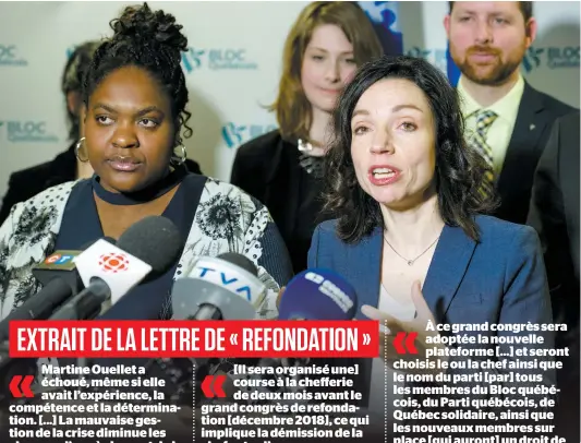  ?? PHOTO D’ARCHIVES, PIERRE-PAUL POULIN ?? La vice-présidente du Bloc québécois, Kédina Fleury-Samson (à gauche), et la présidente du Forum jeunesse du Bloc, Camille Goyette-Gingras (en arrière-plan), étaient aux côtés de Martine Ouellet lorsqu’elle a réitéré qu’elle restait chef, le 8 mars...