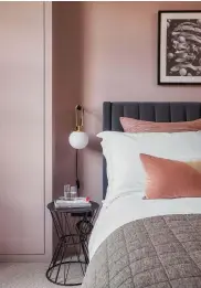  ??  ?? BEDROOM
The neat cabinetry and upholstere­d headboard bring a hotel-like luxury.
Walls in Soho House marble matt emulsion, £51 for 2.5ltr, Mylands. Amalfi bed, from £649, Danetti. Cotton linen and velvet Corners cushion cover in Pink Stone, from £29, West Elm