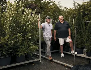  ??  ?? Pennsylvan­ia nurseryman Don Eaton, with son Seth, says lanternfly-related expenses are soaring. Inspection­s alone cost his firm an additional $75,000
yearly.