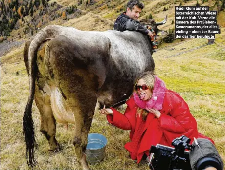  ??  ?? Heidi Klum auf der österreich­ischen Wiese mit der Kuh. Vorne die Kamera des ProSiebenK­ameramanns, der alles einfing – oben der Bauer, der das Tier beruhigte