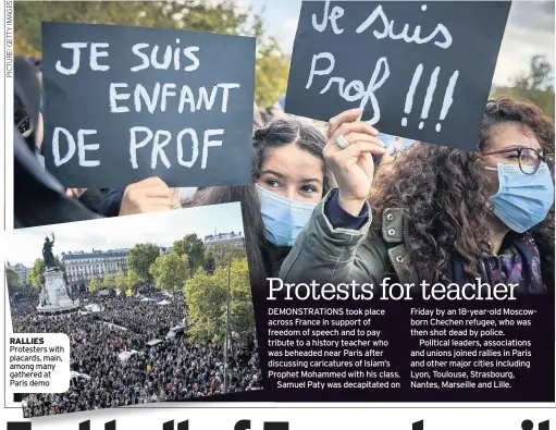  ??  ?? RALLIES Protesters with placards, main, among many gathered at Paris demo