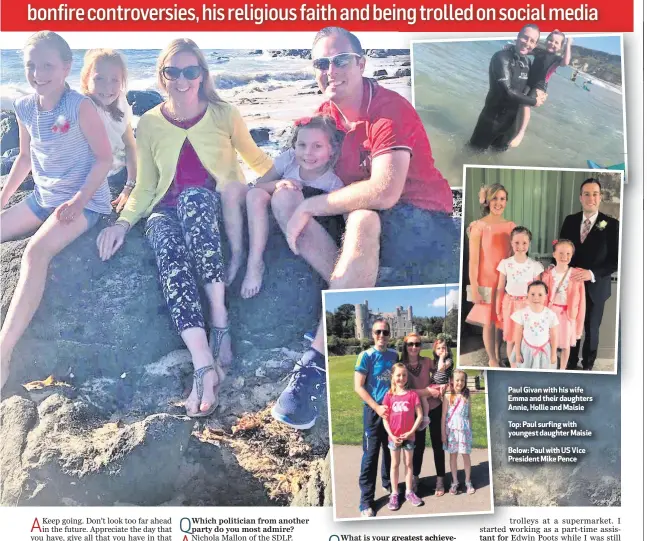  ??  ?? Emma Em and their daughters Annie, A Hollie and Maisie
Top: Paul surfing with youngest daughter Maisie
Below: Paul with US Vice President Mike Pence