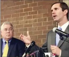  ?? JOHN RABY — THE ASSOCIATED PRESS ?? Kentucky Attorney General Andy Beshear speaks about opioid addiction at a news conference Monday at Marshall University in Huntington, West Virginia. At left is West Virginia Attorney General Patrick Morrisey.