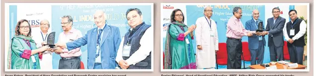  ??  ?? Aruna Katara, President of Hope Foundation and Research Centre receiving her award Sanjay Shivnani, Head of Vocational Education, ABSF, Aditya Birla Group presented his trophy