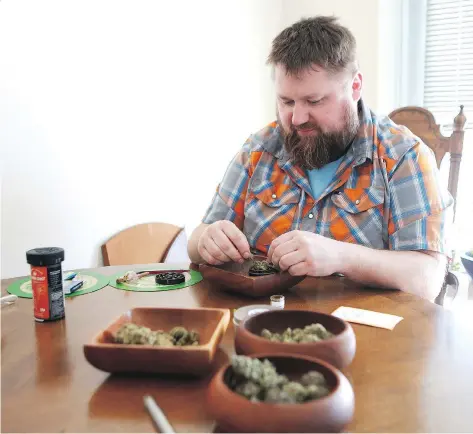  ?? MICHELLE BERG ?? Chris Pratt, a medicinal marijuana user, rolls a joint at his home Wednesday. The province has introduced its rules around legal weed.