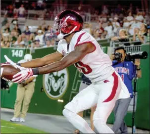  ?? NWA Democrat-Gazette/Ben Goff ?? GAME OF INCHES: Arkansas receiver Jordan Jones reacts after his touchdown catch was ruled incomplete Saturday during the third quarter of the Razorbacks’ 34-27 loss to Colorado State at Canvas Stadium in Fort Collins, Colo. The score would have put Arkansas ahead, 33-9.