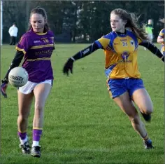  ??  ?? Wexford’s Emma Cousins looks to shoot as Keeva Corry closes in.