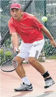  ?? Picture: EUGENE COETZEE ?? BACK IT GOES: Helgard Zietsman returns a forehand shot during the final of the Wembley Men’s Doubles tournament at the PE Lawn Tennis Club on Saturday