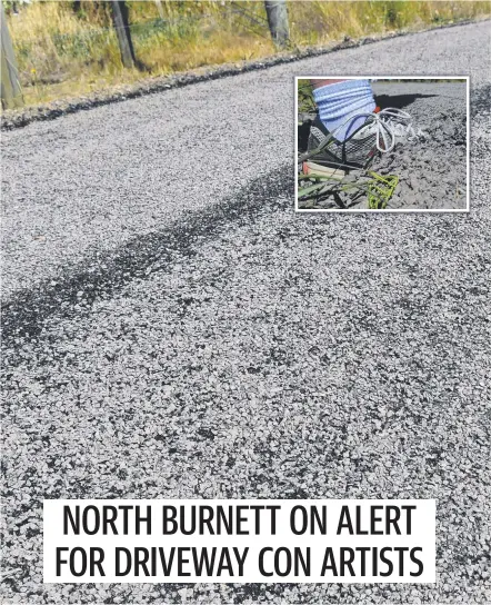  ??  ?? Police fear the “Bitumen Bandits” are heading to the North Burnett region. Inset, a victim’s finished driveway. Picture: Zoe Phillips