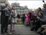  ?? JACQUELYN MARTIN ?? Senate Minority Leader Chuck Schumer, D-N.Y., left, and House Democratic leader Nancy Pelosi of California, speak to the media after meeting with President Donald Trump on border security, Wednesday, Jan. 2, 2019, at the White House in Washington.