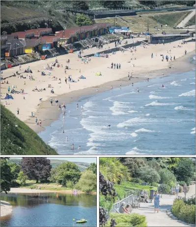  ?? PICTURES: JAMES HARDISTY/BRUCE ROLLINSON ?? FUN IN THE SUN: Members of the public keep their distance on Scarboroug­h’s North Bay yesterday, top; a quieter and more peaceful day by the River Wharfe, Ilkley, after the area was crowded at the weekend, left; Golden Acre Park, near Leeds, right.