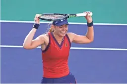  ?? MARK J. TERRILL/AP ?? Paula Badosa, of Spain, walks off the court after defeating Victoria Azarenka, of Belarus, in the singles final at the BNP Paribas Open on Sunday in Indian Wells, Calif.