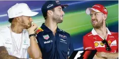  ?? Foto: dpa ?? Gut gelaunte Runde in Melbourne: (von links) Lewis Hamilton, Daniel Ricciardo und Sebastian Vettel.