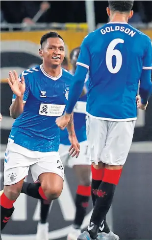  ?? Picture: AP. ?? Alfredo Morelos celebrates after giving Rangers the lead.