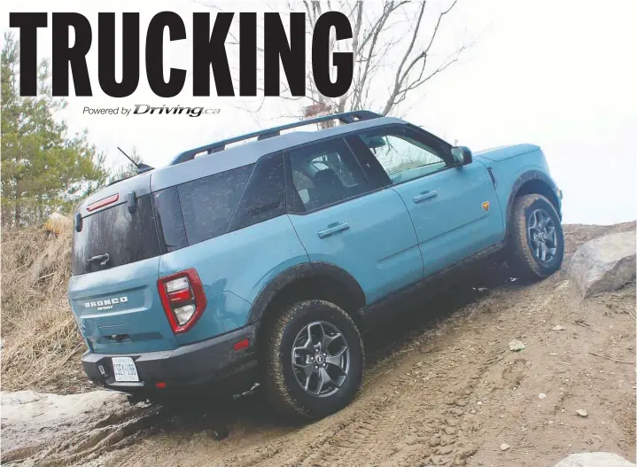  ?? — PETER BLEAKNEY/DRIVING ?? The 2021 Ford Bronco Sport Badlands shrugged off mud, snow, ice and flooded terrain with nary a whinny as its off-road credential­s were put to the test.
