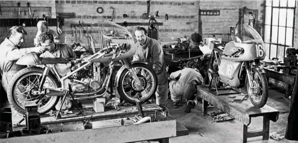  ??  ?? Above: The Colin Seeley Race Developmen­t workshop in 1968
Right: Colin Seeley with a Mk3-framed Seeley G50 racer; at 259lb with a full fairing fitted, it weighed 21lb lighter than the Mk2 version