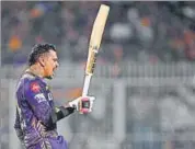  ?? AFP ?? KKR’s Sunil Narine celebrates after scoring a century.