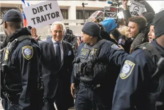  ?? Andrew Harnik / Associated Press 2019 ?? Roger Stone, seen arriving last year at a Washington courtroom, was convicted of lying to Congress, witness tampering and obstructin­g the House investigat­ion into the 2016 election.