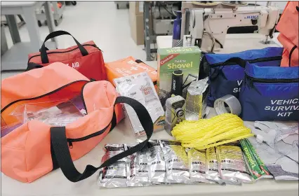  ??  ?? First aid and survival necessitie­s are shown at F.A.S.T. Ltd.’s manufactur­ing and assembly area in Delta. Company president Dee Miller says people are too apathetic about the potential of a disaster striking.