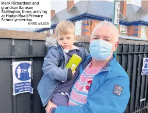  ?? MARIE WILSON ?? Mark Richardson and grandson Samson Skillingto­n, three, arriving at Hadyn Road Primary School yesterday