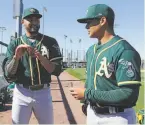  ?? Darron Cummings / Associated Press 2020 ?? Sean Manaea (left) talks with A’s teammate Jesús Luzardo during spring training last year in Mesa, Ariz.